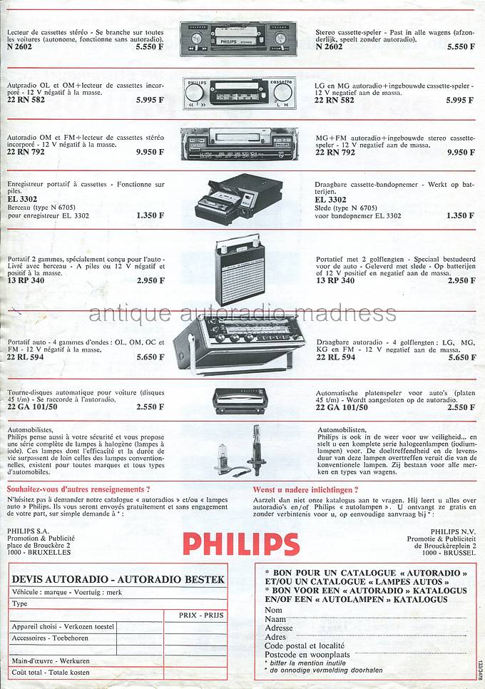 PHILIPS car radio price list year 1970 - 2