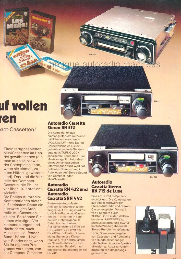 Publicité ancienne PHILIPS autoradio - 1974 - (Germany) - RN 512, RN 432, RN 712 de Luxe