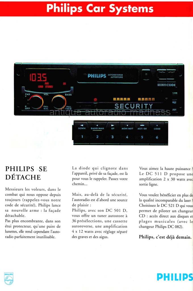 Publicité vintage PHILIPS car Systems "Code de sécurité" DC 501 D