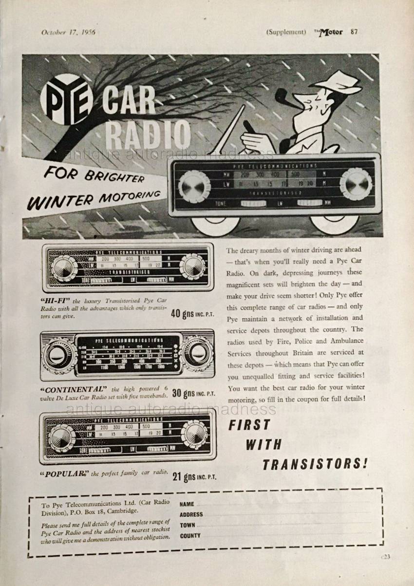 Old-school PYE car radio advertising - year 1956 - "The first car radio with transistors" - 2