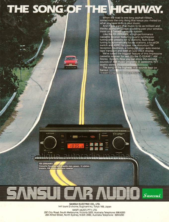 Vintage SANSUI car radio advertising (1985) - Model RX-2000AAMX (Australia)
