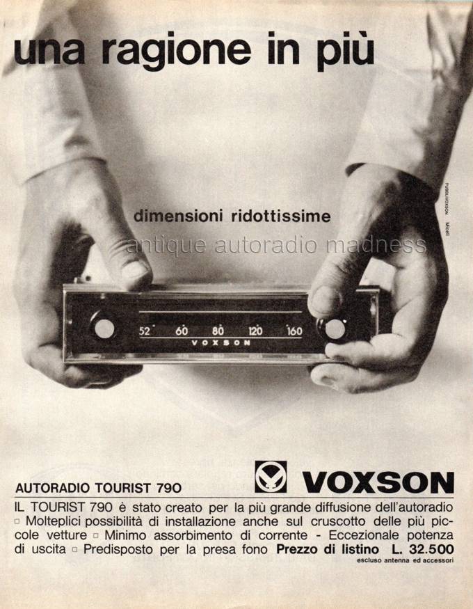  Publicité vintage de presse italienne VOXSON autoradio - Mod. Tourist 790