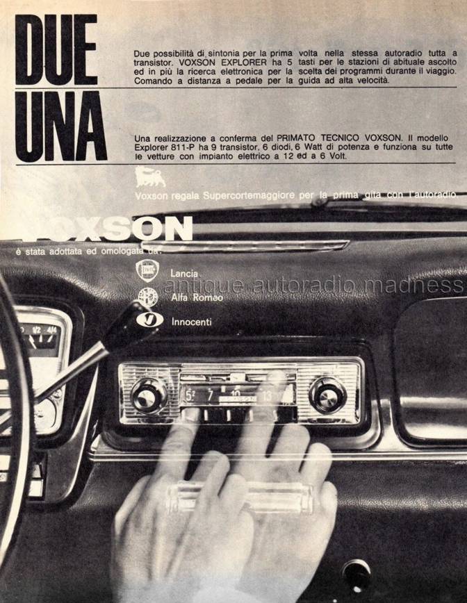 Publicité old school de presse italienne (1966) VOXSON autoradio modèle Explorer 811-P - 2