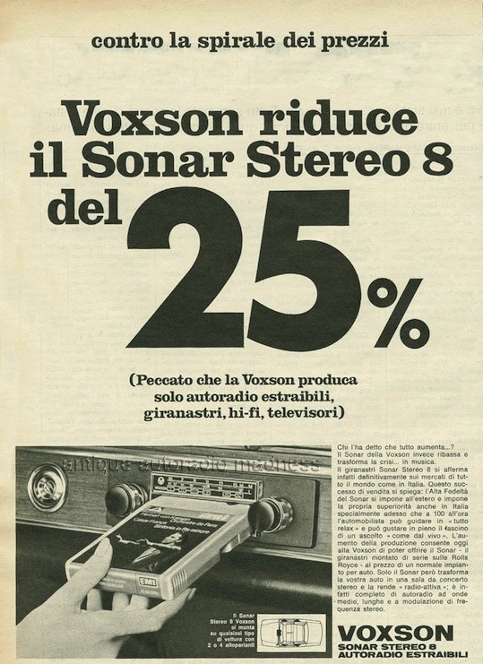 Publicité autoradio VOXSON italienne - Remise de 25% sur le modèle SONAR stereo 8 (1970)