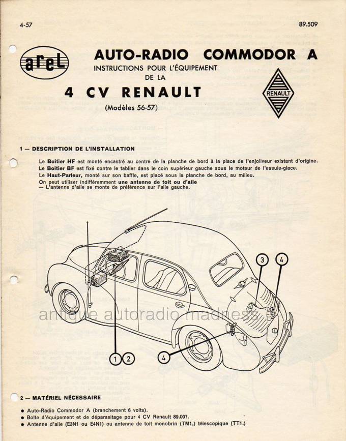 Documentation technique autoradio AREL type Commodor A sur Renault 4 CV