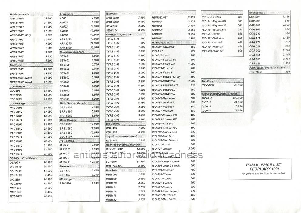 Ancienne liste de prix CLARION car stereo - ann�e 1996