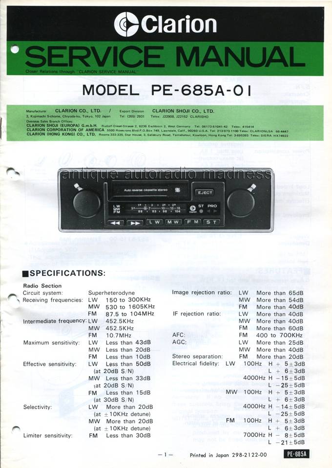CLARION car stereo -  Technical infos - Year 1977 - PE-685A