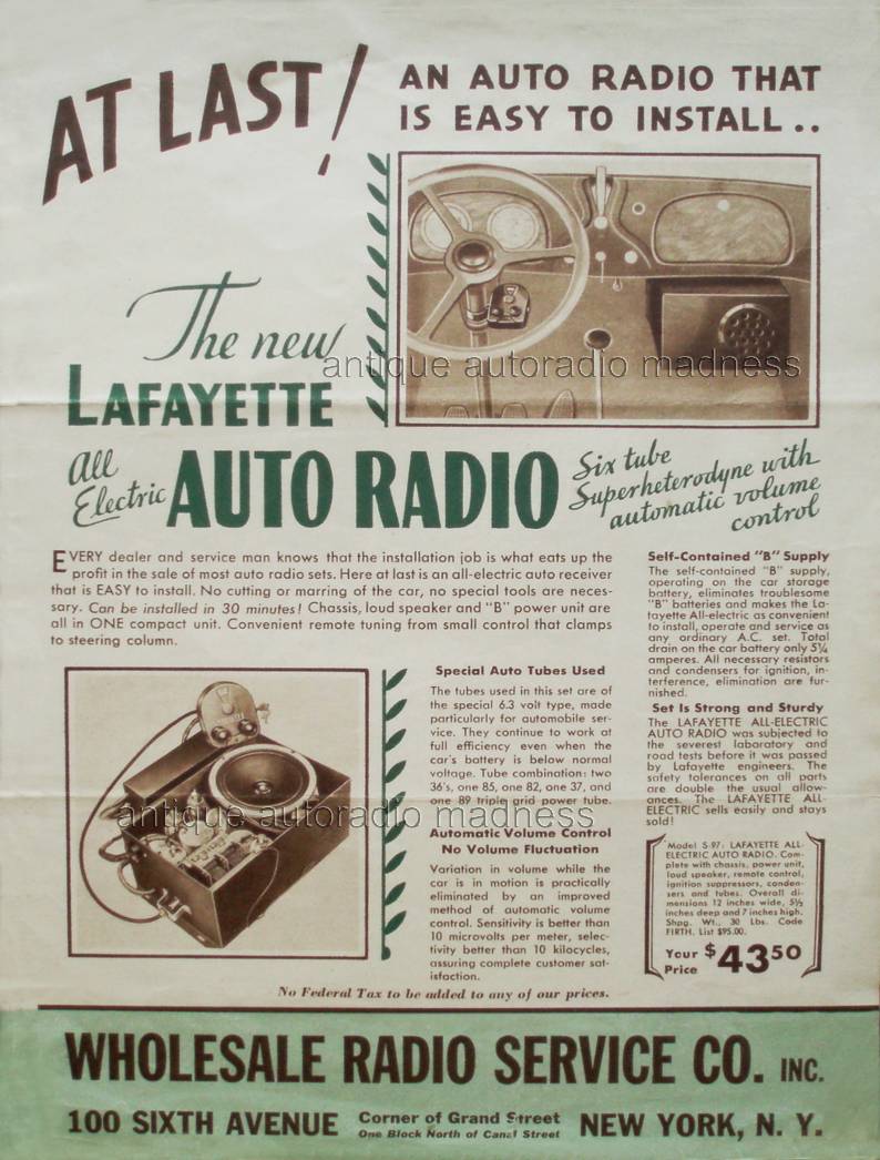 Old Lafayette All Electric Auto Radio advert. - 1933