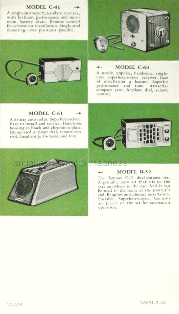 Vintage GENERAL ELECTRIC car radio catalog (1935) Models C-41, C-51, C-61, B-52