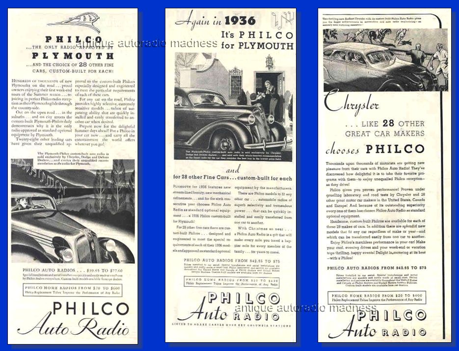 Publicités PLYMOUTH et CHRYSLER Airflow équipées d'un autoradio PHILCO - 1935