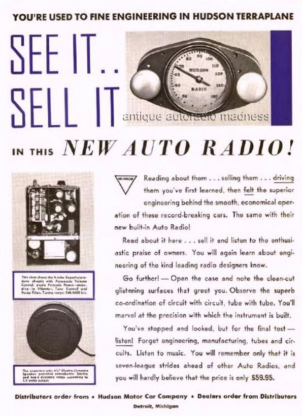 Vintage HUDSON car radio model CB6 advertising (1936)