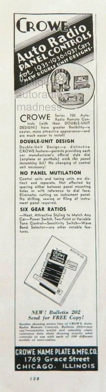 Vintage CROWE car radio advert. - 1937 - Auto radio panel controls