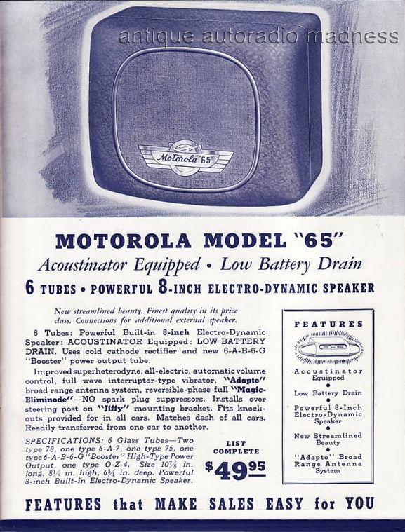 Early MOTOROLA car radio model 65 advert.  - 1937 - Acoustinator equipped