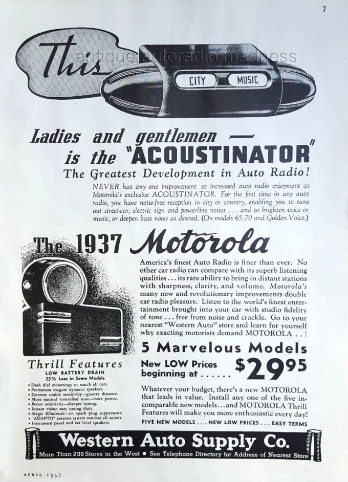 Vintage MOTOROLA car radio advertising folder (1937) - Electric push-button network tuning ACOUSTINATOR - 2