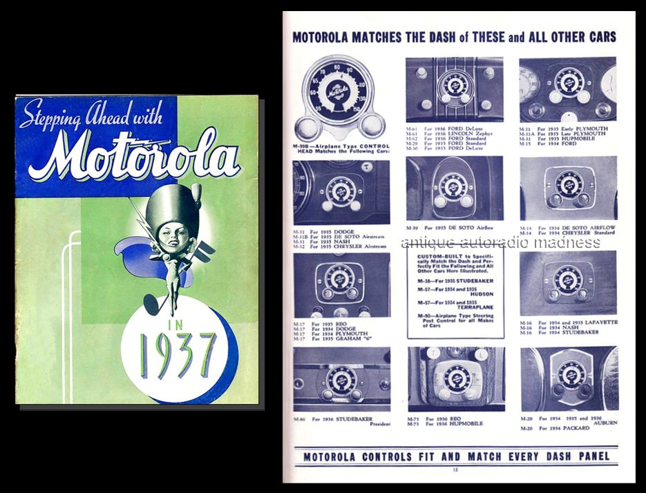 Vintage MOTOROLA car radio catalog - MOTOROLA perfectly matches the dash of these and all other cars - 1937