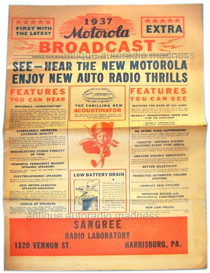 Vintage MOTOROLA car radio news paper 1937 - The new acoustinator - 1