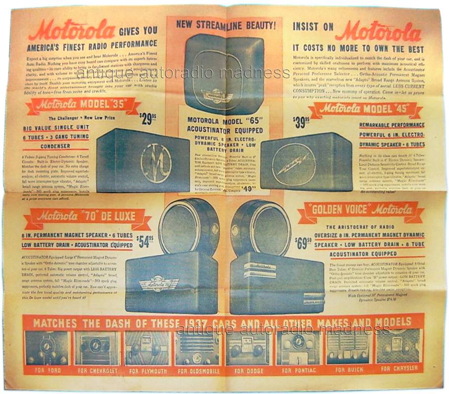 Vintage MOTOROLA car radio news paper 1937 - New models:  model 35, model 65, model 45, model 70 de Luxe, model 75, model Golden Voice