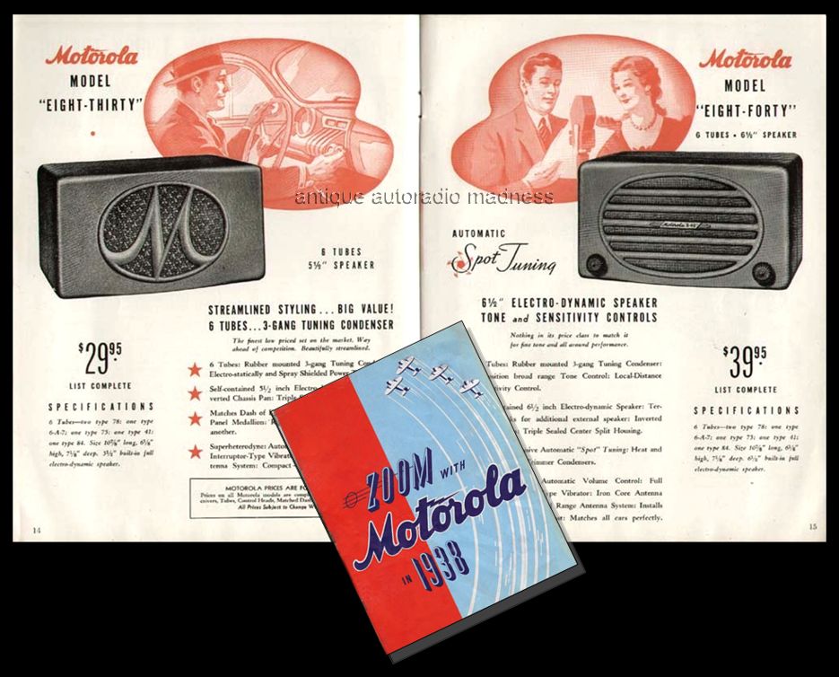Vintage MOTOROLA car radio catalog (year 1938) - MOTOROLA models "Eight-Thirty" and "Eight-Forty"