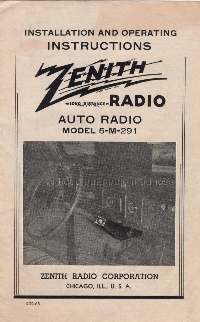 Old ZENITH car radio model 5-M-291 - 1938 - Installation and operating instructions
