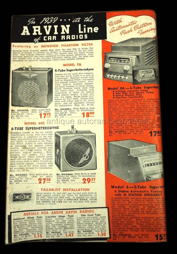 Vintage ARVIN car radio (1939) - models 6, 7A, 8A - Catalog extracts