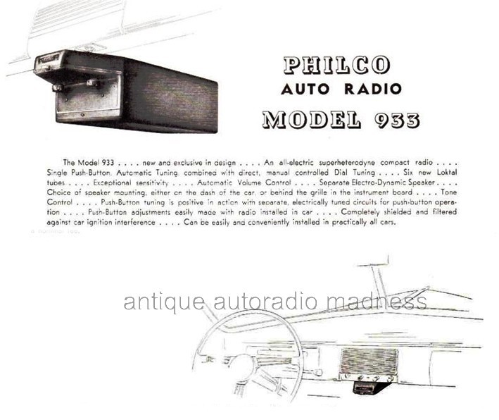 Very old PHILCO under dash car radio (1939) advertising - model 933