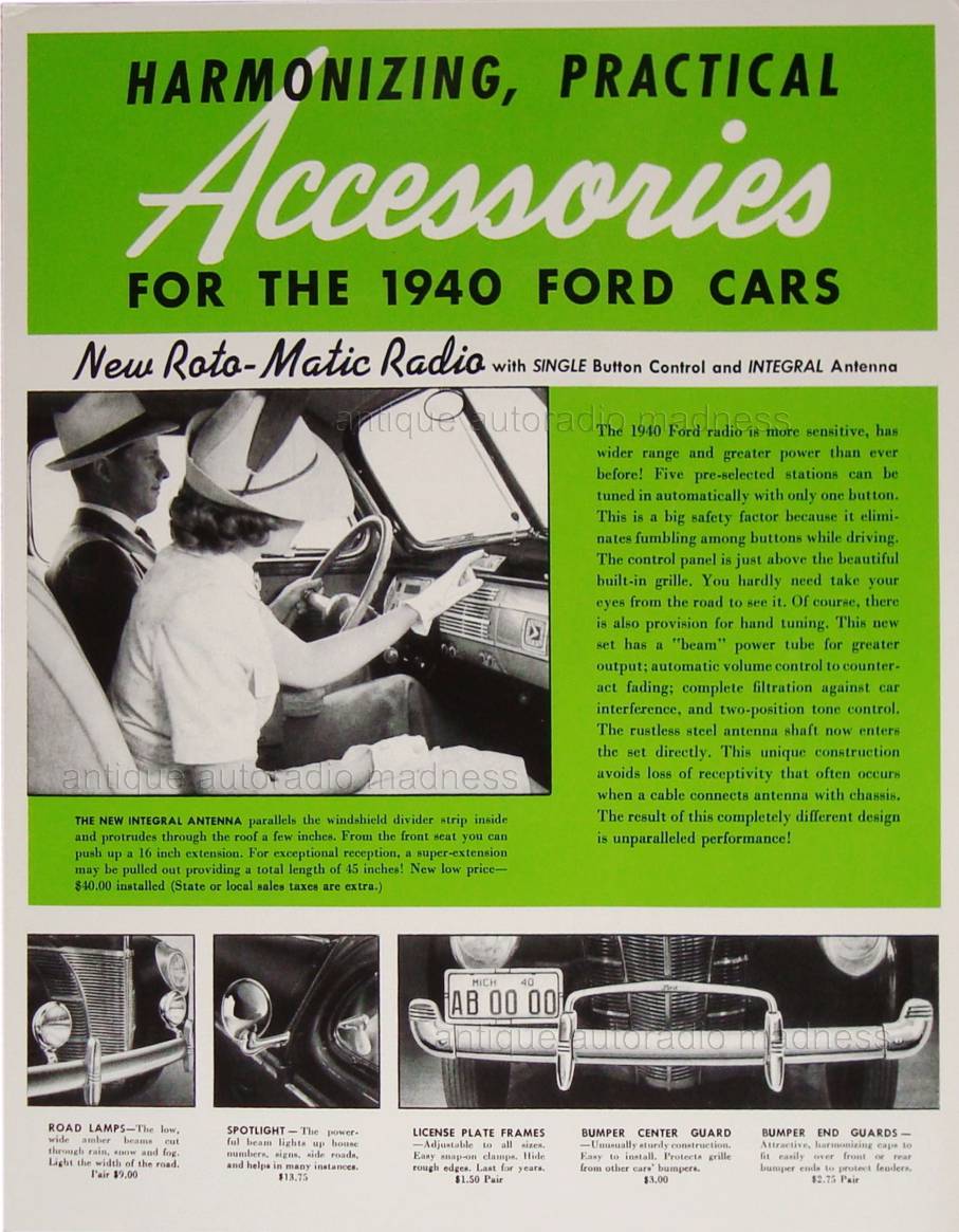 Old-school FORD car radio (1940) model Roto-Selector advertising