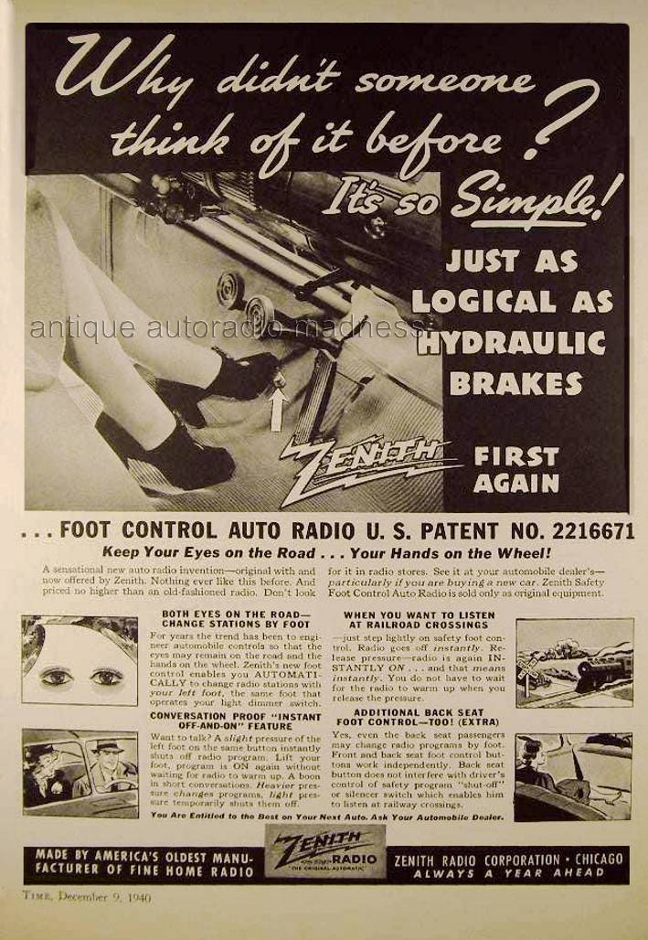 Vintage ZENITH car radio adverising (1940) - Foot control autoradio