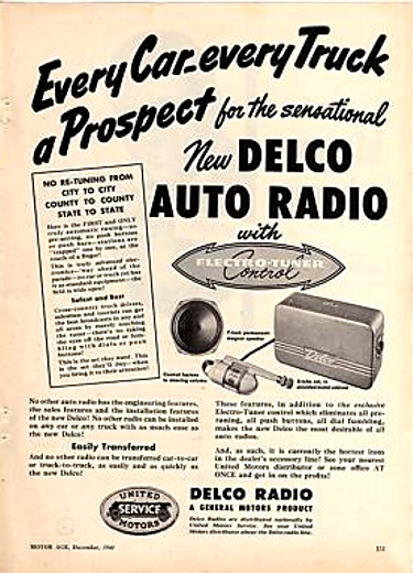 Vintage Delco car radio "Electro Tuner Control" advertising (year 1946)