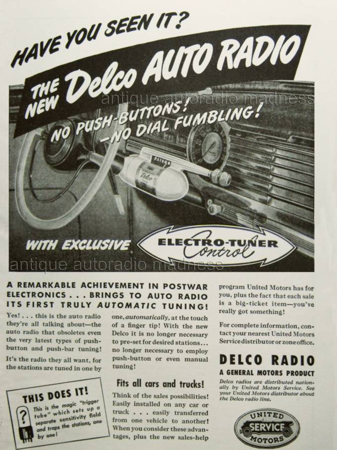Old school DELCO car radio "Electro Tuner Control" advertising (year 1946)