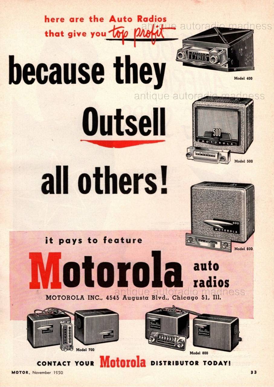 Old-school MOTOROLA car radio advert. - year 1950 - Models 500 - 400 - 600
