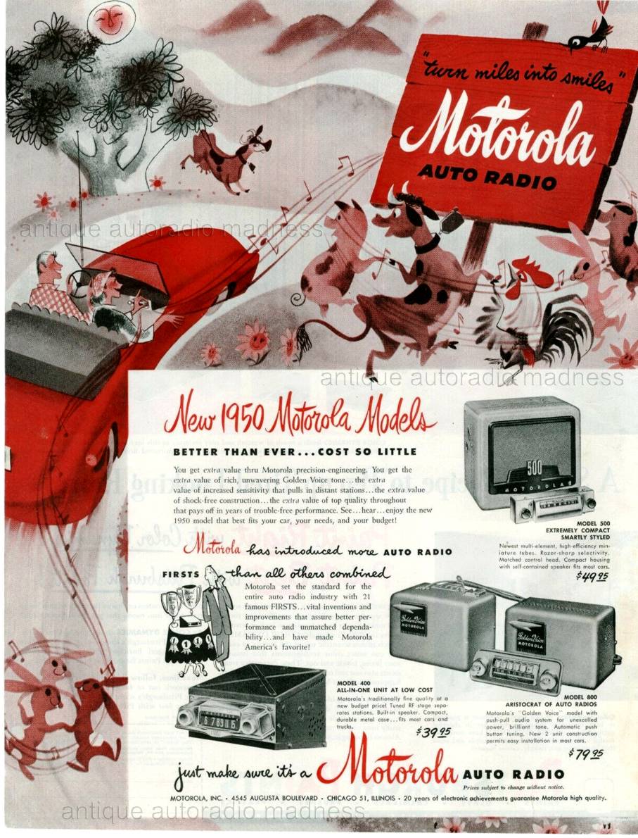 Vintage MOTOROLA auto radio advertising - year 1950 - "Turn Miles into Smiles with MOTOROLA autoradio"