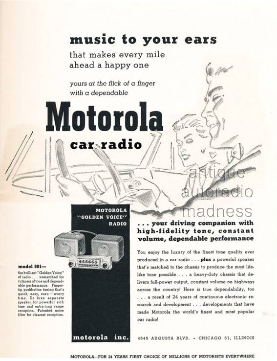 Vintage MOTOROLA auto radio advert. (1952) - "Golden Voice " radio