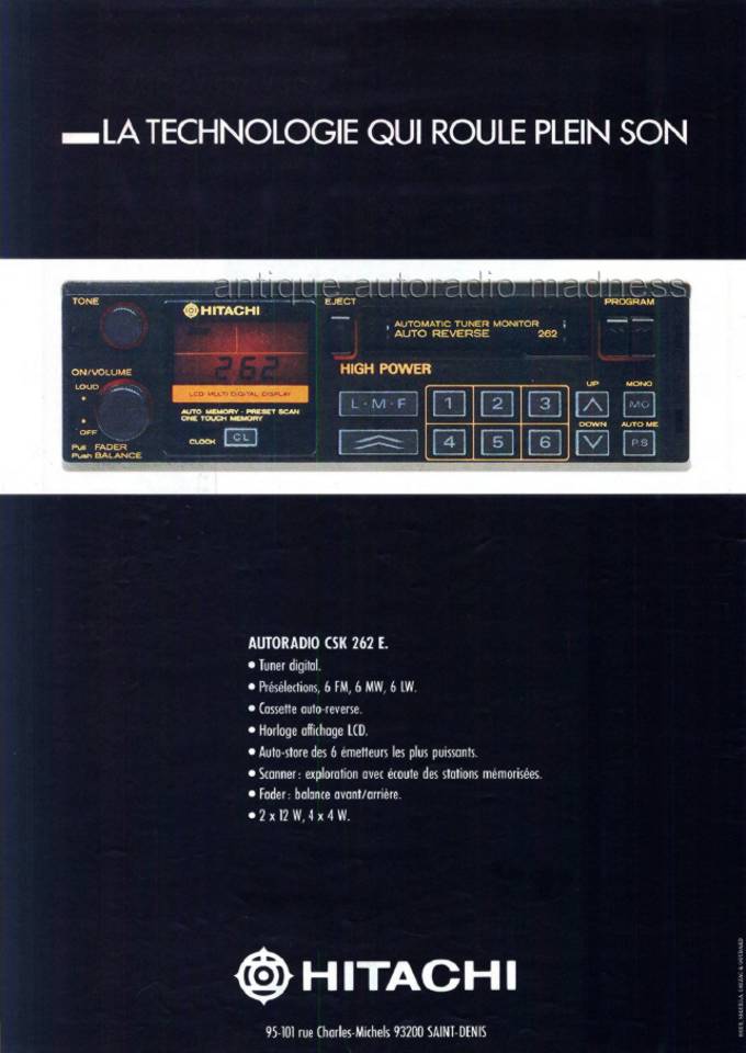 Publicité française HITACHI car stereo modèle CSK 262 E - année 1989