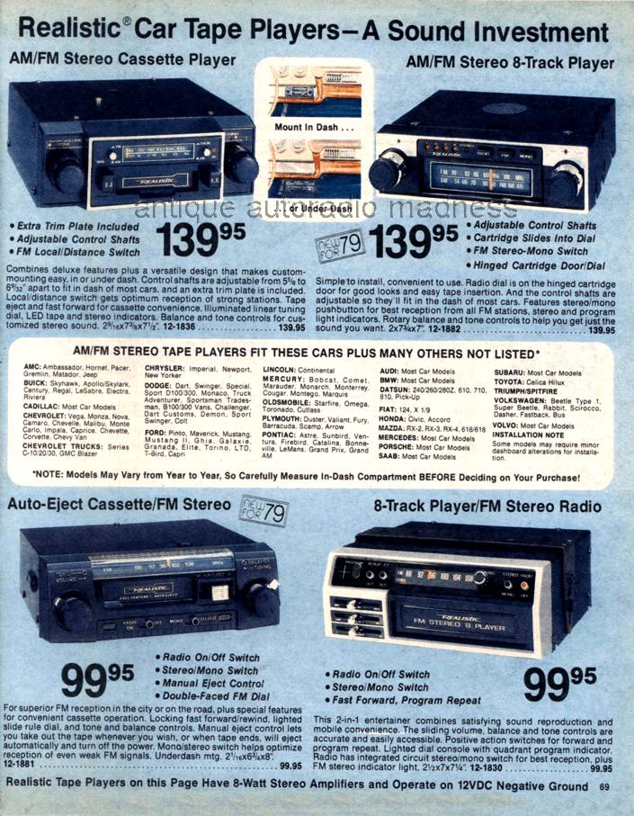 Vintage general RadioShack catalog p69 (1979) - Realistic car stereo