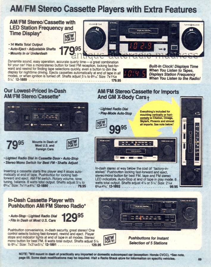 Vintage general RadioShack catalog p69 (1981) - Realistic car stereo