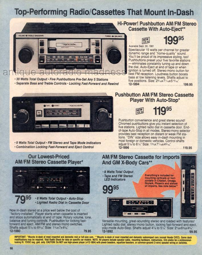 Extraits du Catalogue vintage RadioShack 1982 - p66 - Car stereo