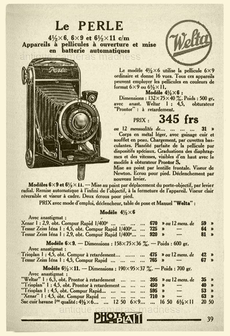 Publicité vintage WELTA folding camera modèle "Perle" - Revue "PHOTO PLAIT de 1936