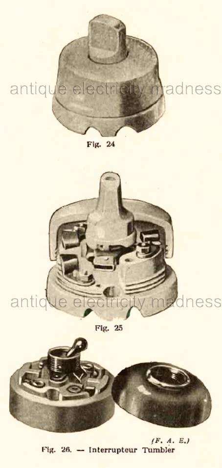 Interrupteurs en porcelaine pour courant plus important (Edition de 1942 de Librairie Aristide Quillet)  -  Fig.24 -  25 - 26