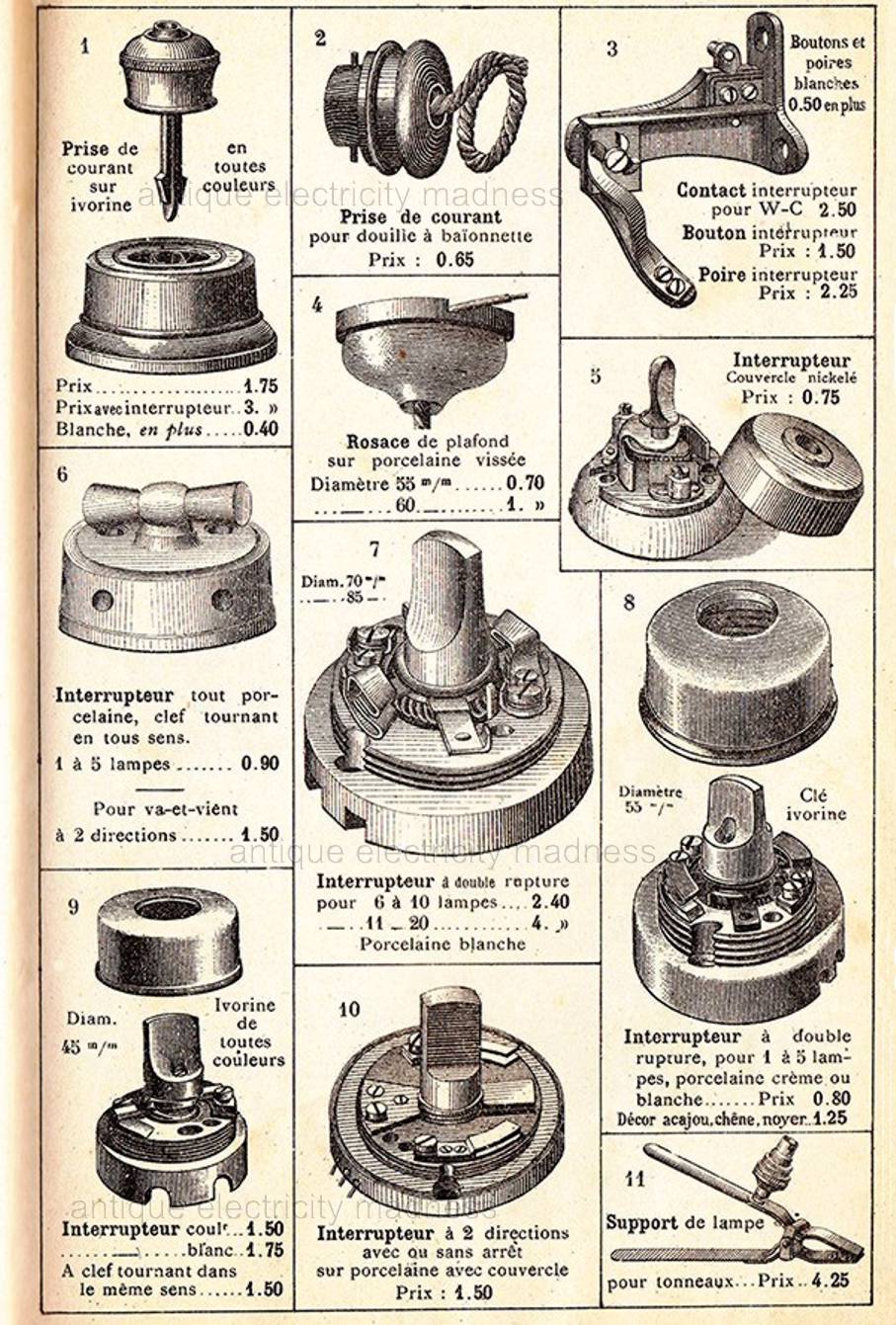 Interrupteurs anciens en porcelaine - Extraits du catalogue français "BAZAR de l'hotel de Ville" de Paris en 1938