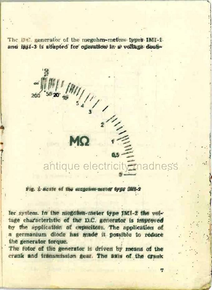 Vintage Operation instructions - Manual one-tange megOhm meter with hand driven generator - 1