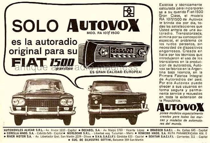 Publicit italienne AUTOVOX RA 107 - FIAT 1500 (1960)