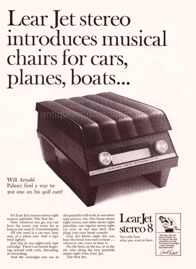 Vintage LEARJET 8 track cartridge stereo player advertising (1968)