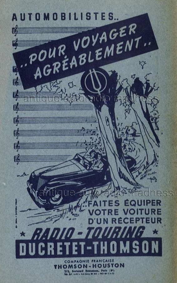 Très ancienne publicité autoradio 1947 - Modèle DUCRETET-THOMSON (TSF auto)