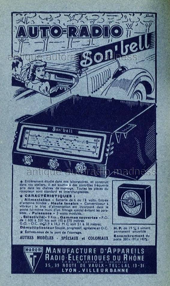 Très ancienne publicité autoradio 1947 - Modèle Son'Bell - M.A.R.E.R (TSF auto)