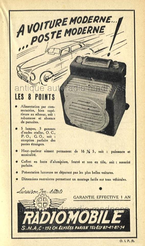 Très ancienne publicité autoradio 1947 - Modèle RADIOMOBILE