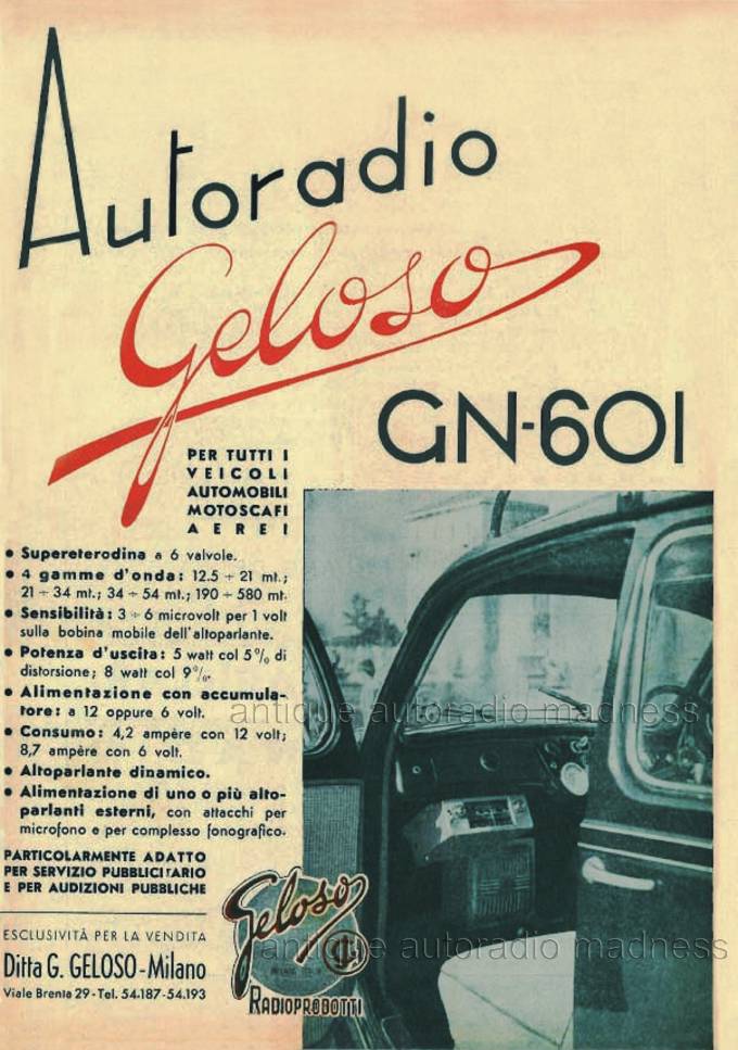 Publicité italienne vintage de 1948 - Autoradio GELOSO modèle GN-601