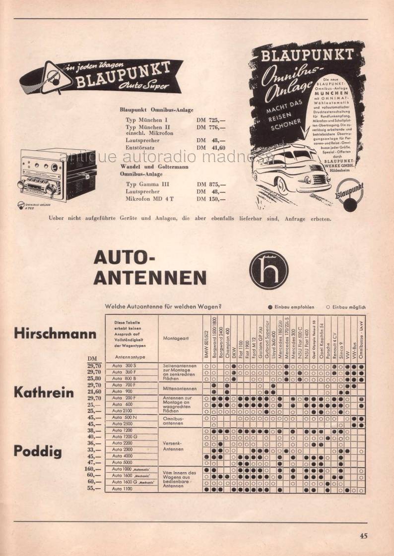 Extraits de catalogue allemand sur les gammes d'autoradios de 1955 - 2