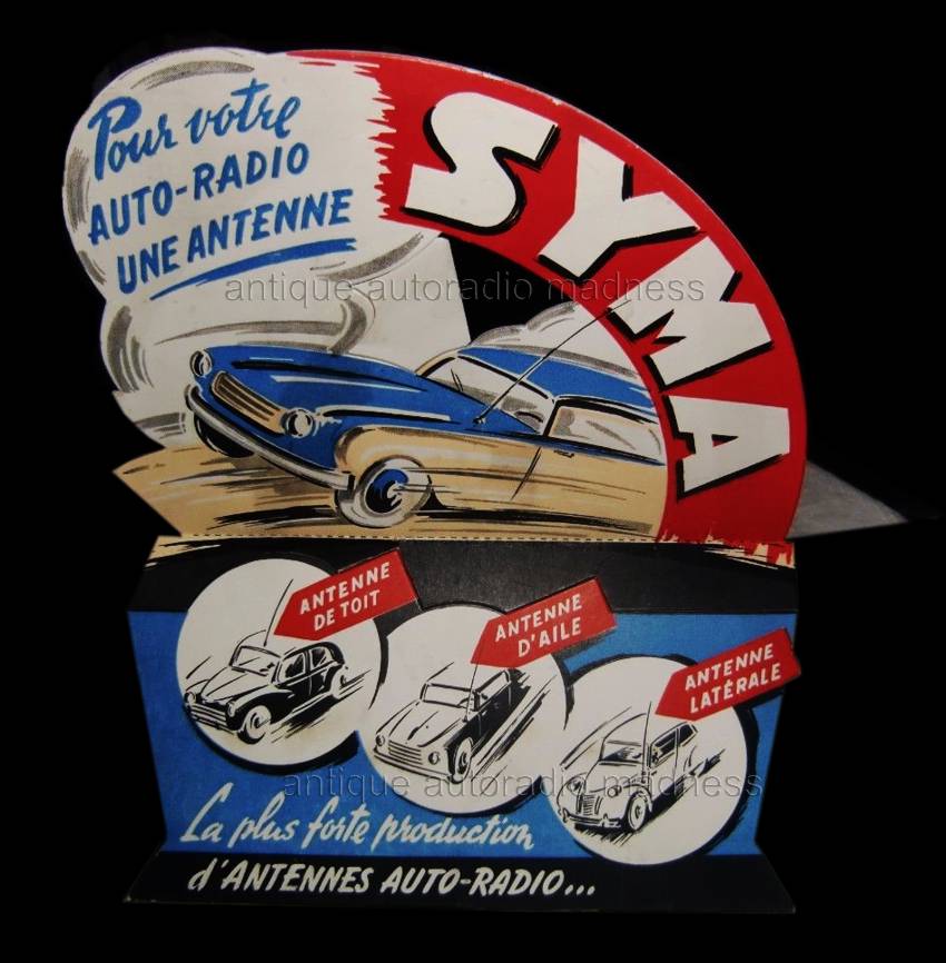 Publicité de comptoir PLV de la marque française SYMA (1955) - Antennes pour autoradios