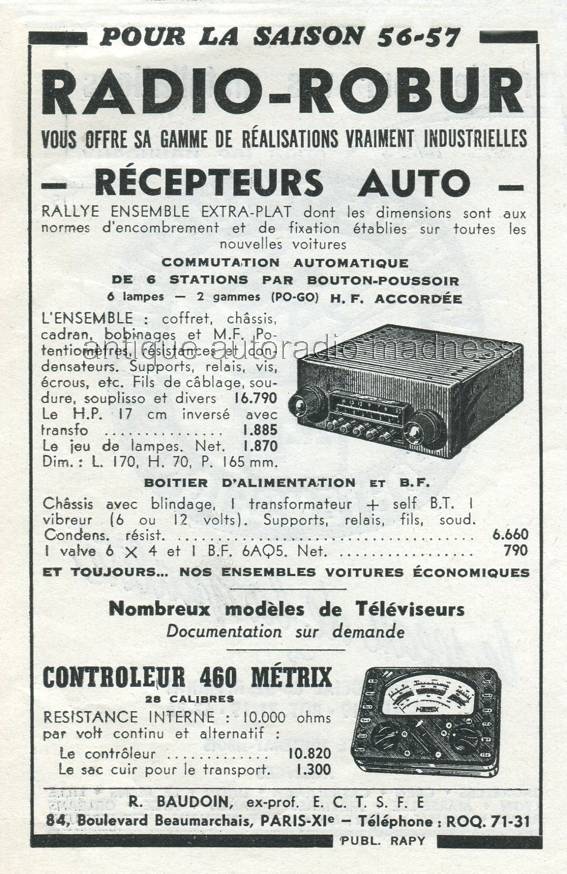 Publicité vintage et tarifications 1956 - RADIO ROBUR - 2