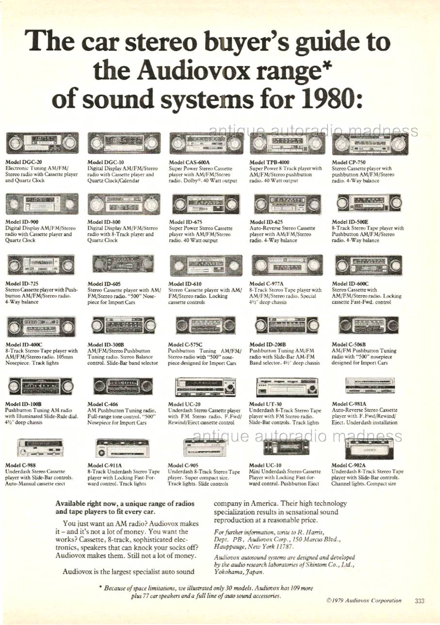 Vintage car stereo buyer's guide to the Audiovox range of sound systems for 1980